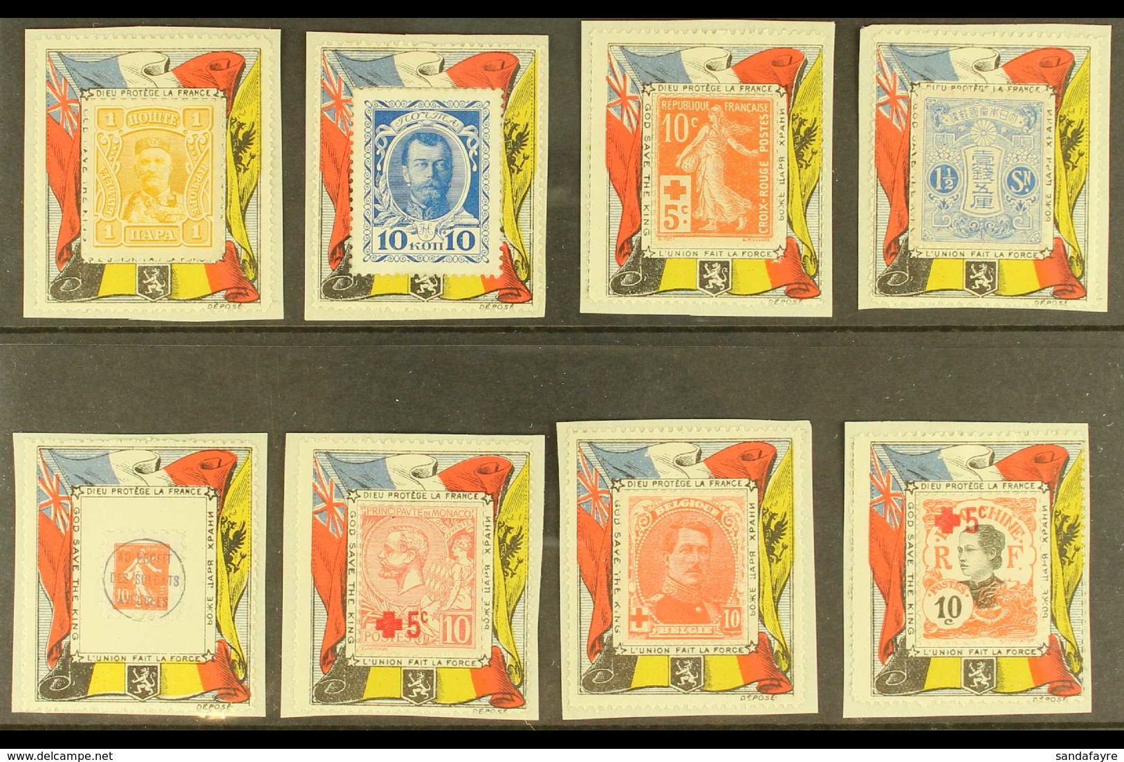 STAMP COLLARS (PORTE TIMBRES) 1914-1918 Eight Colourful WWI Allied Propaganda Stamp Collars On Small Pieces, Bearing Unu - Autres & Non Classés