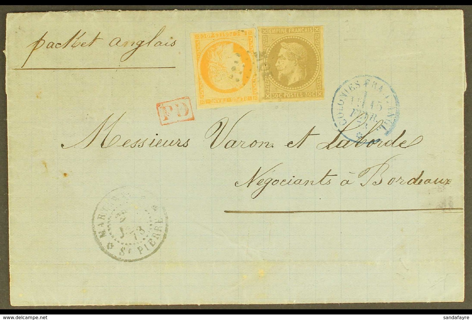 GENERAL ISSUES USED IN MARTINIQUE 1872 (27 Jan) Entire Letter Addressed To France, Bearing French Colonies 30c Napoleon  - Sonstige & Ohne Zuordnung