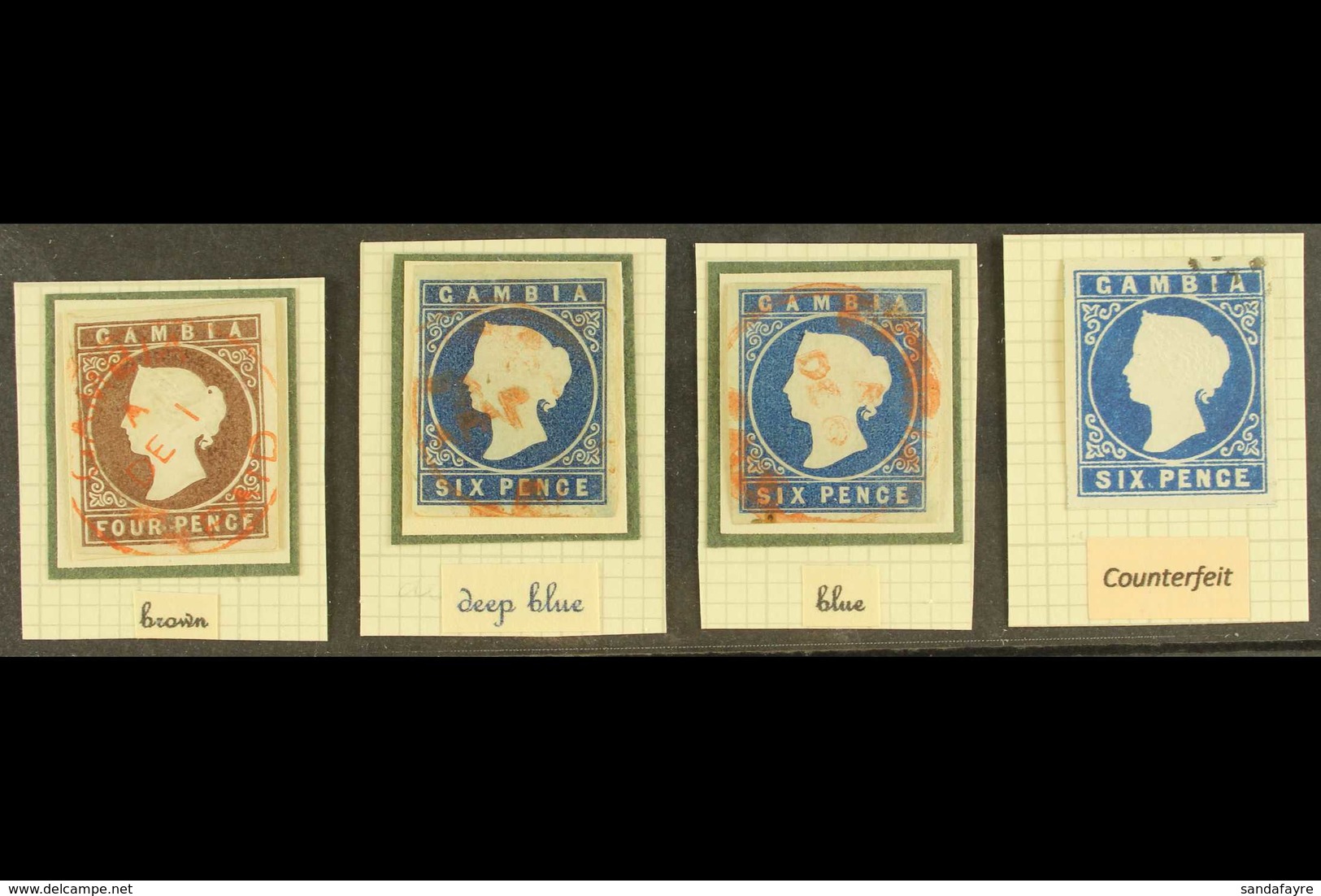 1874 4d Brown 6d Deep Blue, And 6d Blue, Wmk CC Imperf, SG 5, 7, And 8, Each Used With Four Margins And Neat Red Cancels - Gambia (...-1964)