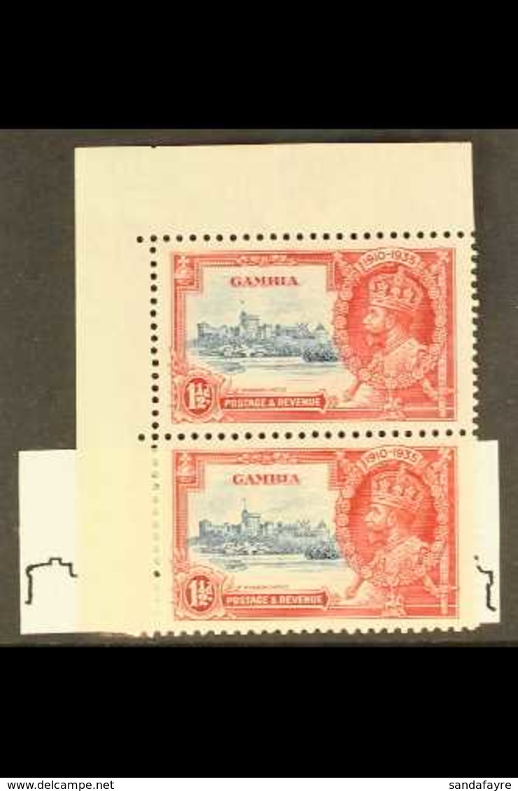 1935 1½d Deep Blue And Scarlet Jubilee, Vertical Top R/h Corner Pair, Showing The Variety "Short Extra Flagstaff", (Pl 2 - Gambie (...-1964)