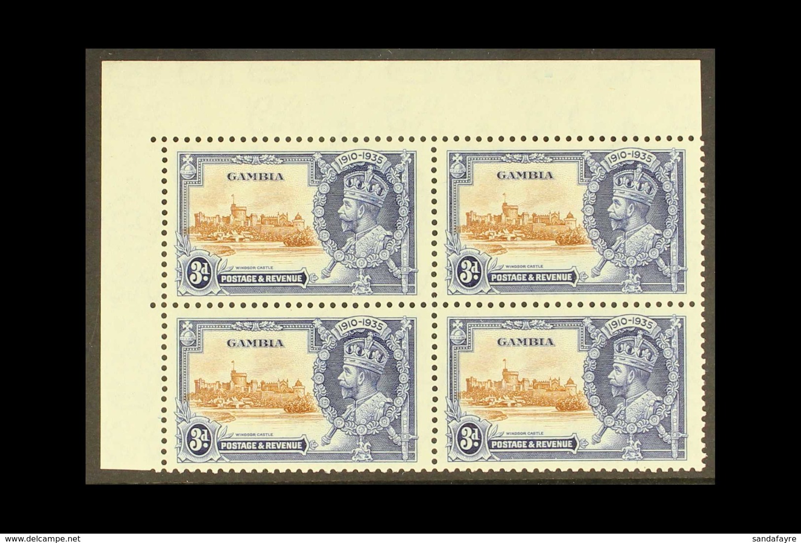 1935 3d Brown And Deep Blue Jubilee, Top Left Corner Block Of 4 Showing The Variety "Short Extra Flagstaff", Row 2/1, SG - Gambie (...-1964)