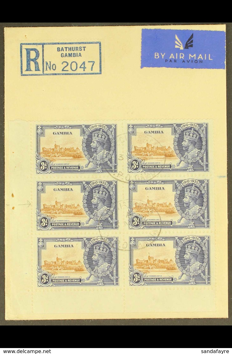 1935 3d Brown And Deep Blue, Jubilee, Block Of 6 On Large Part Registered Envelope, Showing The Variety "Extra Flagstaff - Gambia (...-1964)