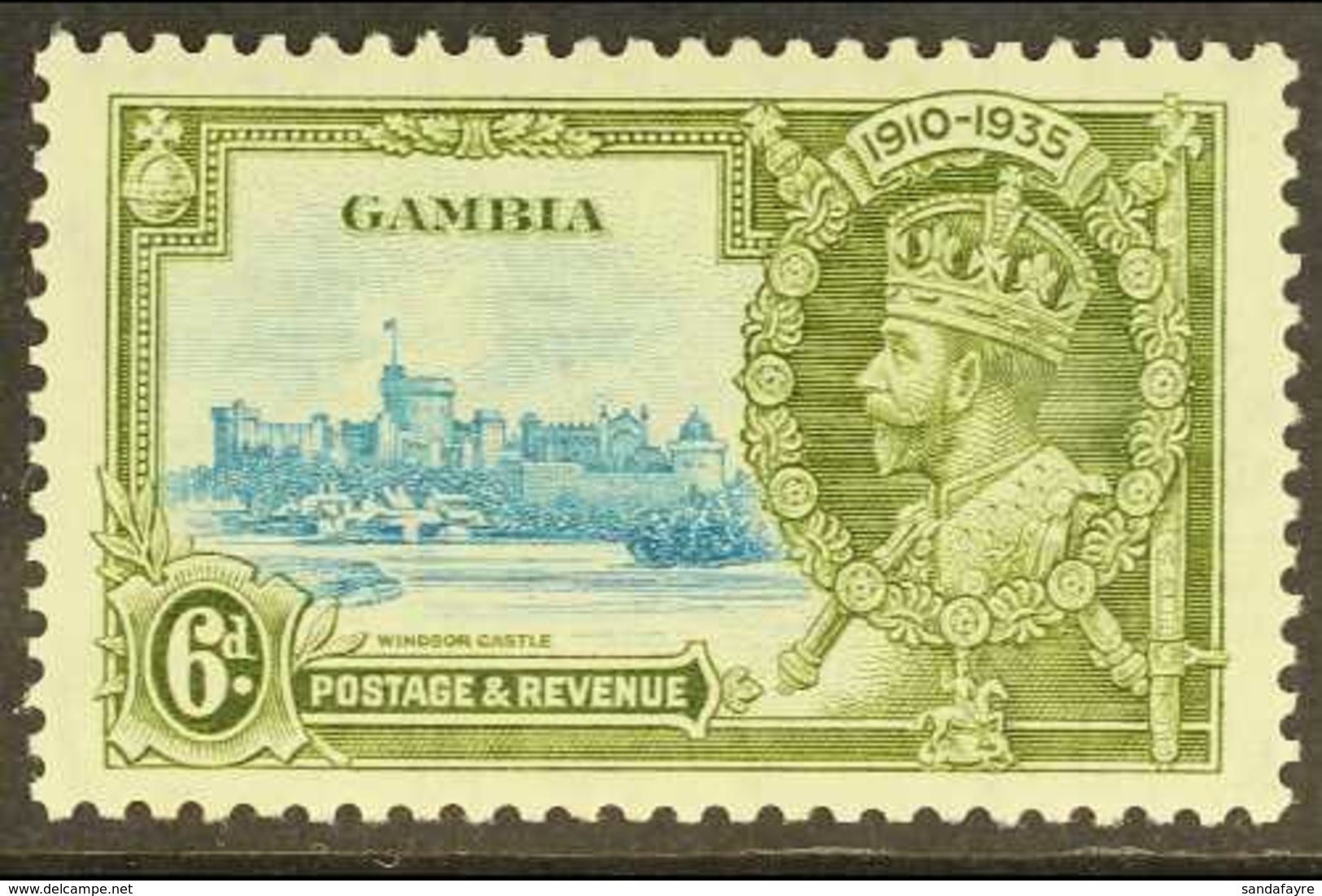 1935 6d Light Blue And Olive Green Jubilee, As SG 145, Variety "Two Swans In River", Plate 3, 2/2, Unlisted SG But A Rec - Gambia (...-1964)