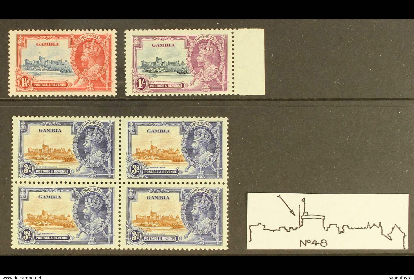 1935 Jubilee 1½d, 1s And 3s In Block Of 4,  Vf Mint, Each Showing The Variety "Vertical Line From Left Of Round Tower" ( - Gambie (...-1964)