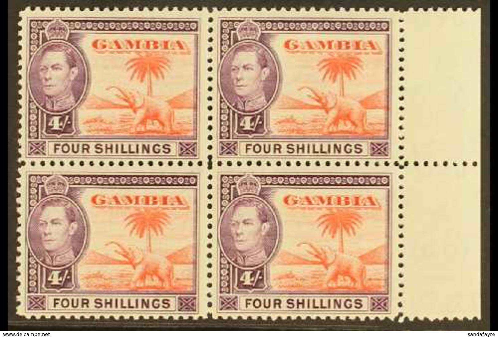 1938-46 4s Vermillion & Purple, SG 159, Never Hinged Mint Marginal Block Of 4 (4) For More Images, Please Visit Http://w - Gambie (...-1964)