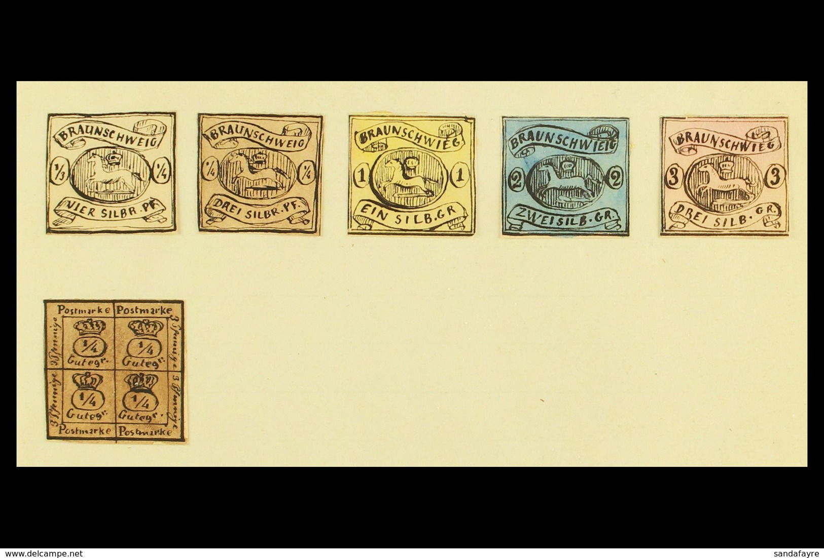 1861 HAND PAINTED STAMPS Unique Miniature Artworks Created By A French "Timbrophile" In 1861. BRUNSWICK Comprising Five  - Autres & Non Classés