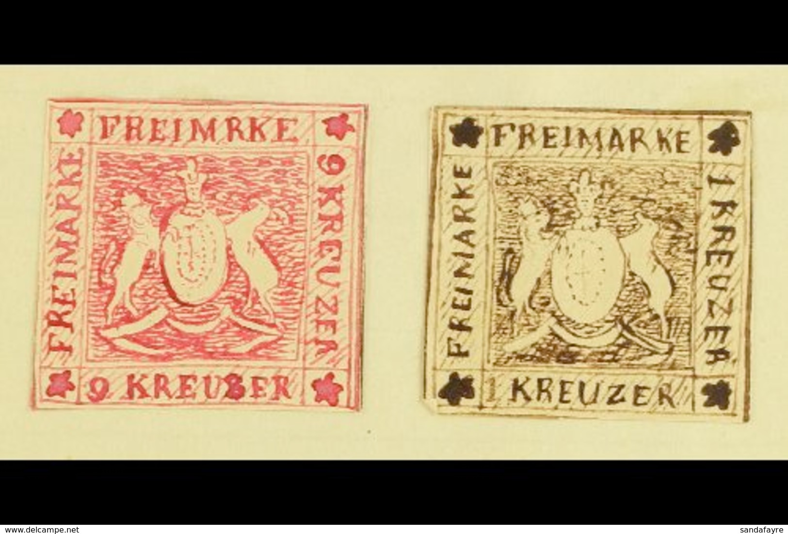 1861 HAND PAINTED STAMPS Unique Miniature Artworks Created By A French "Timbrophile" In 1861. WURTTEMBERG With Two 'stam - Sonstige & Ohne Zuordnung