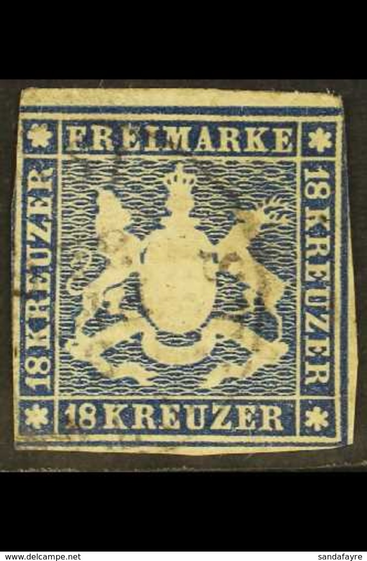 WURTTEMBERG 1859-60 18k Blue Imperf (Michel 15, SG 29), Lightly Used, Margins Brushing The Outer Frame Lines At Left And - Other & Unclassified