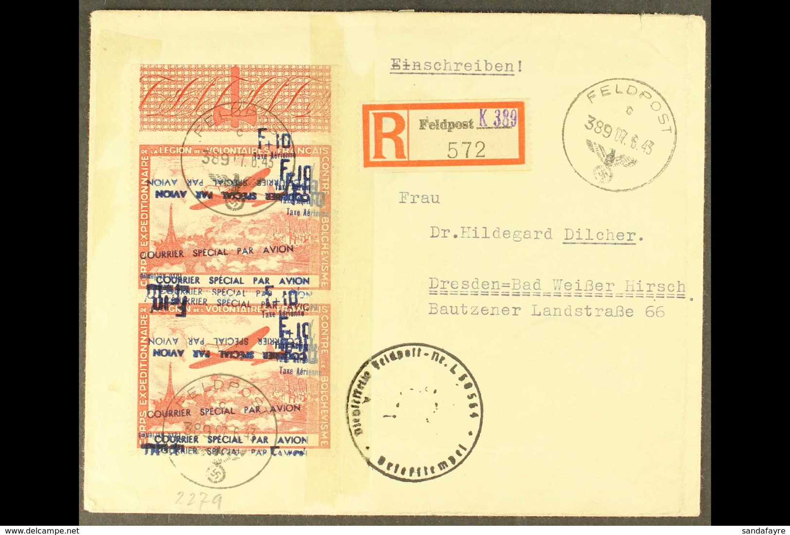 FRENCH LEGION 1943 (7 Jun) Registered Env To Germany Bearing A Vertical Pair Of The 1941 F+10 Fr Carmine And Blue French - Sonstige & Ohne Zuordnung