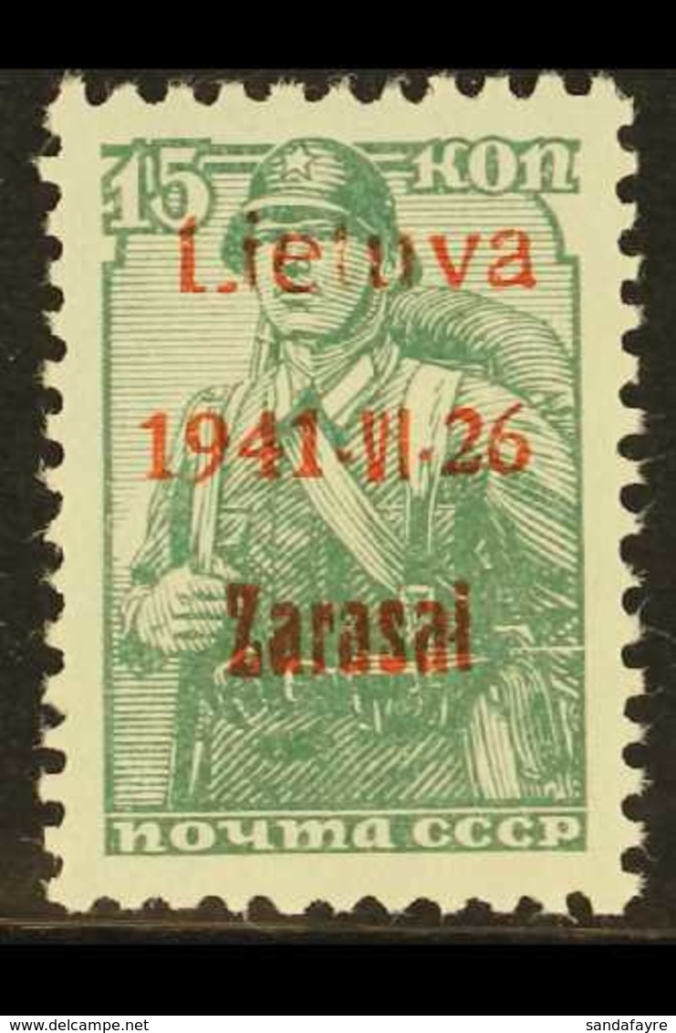 LITHUANIA 1941 15k Green Ovptd Zarasai, Type II, In Red, Mi 3bIIA, Vf NHM. For More Images, Please Visit Http://www.sand - Sonstige & Ohne Zuordnung