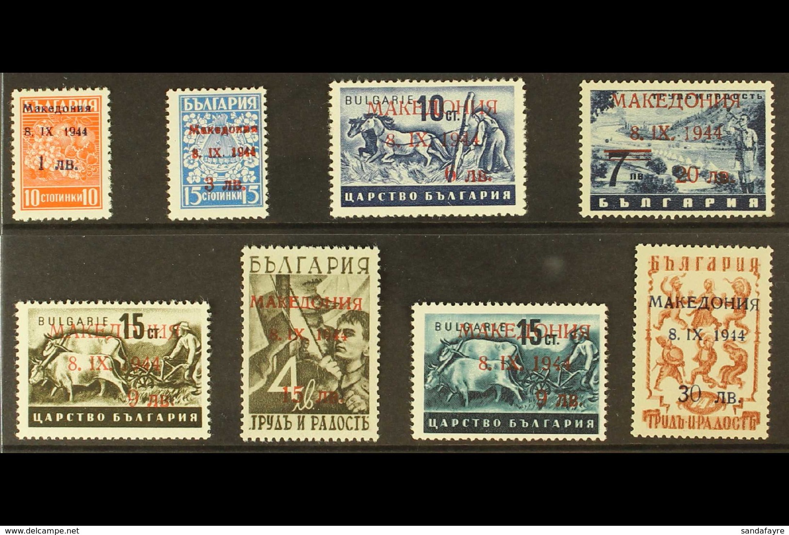 MACEDONIA 1944 Surcharged Set Complete, Michel 1/8, Never Hinged Mint, The 30L Signed Krischke BPP (8 Stamps) For More I - Autres & Non Classés