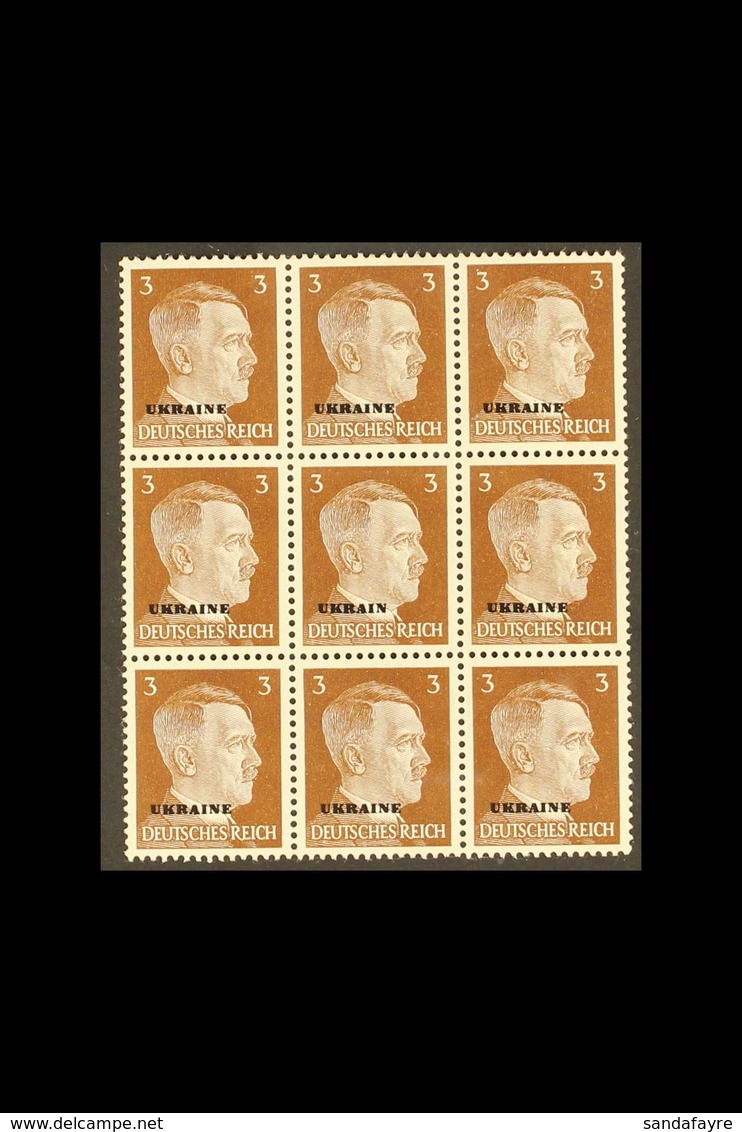 UKRAINE 1941 3pf Red- Brown Block Of Nine, The Central Stamp With "UKRAIN" OVERPRINT ERROR, Michel 2+2 I, Never Hinged M - Other & Unclassified