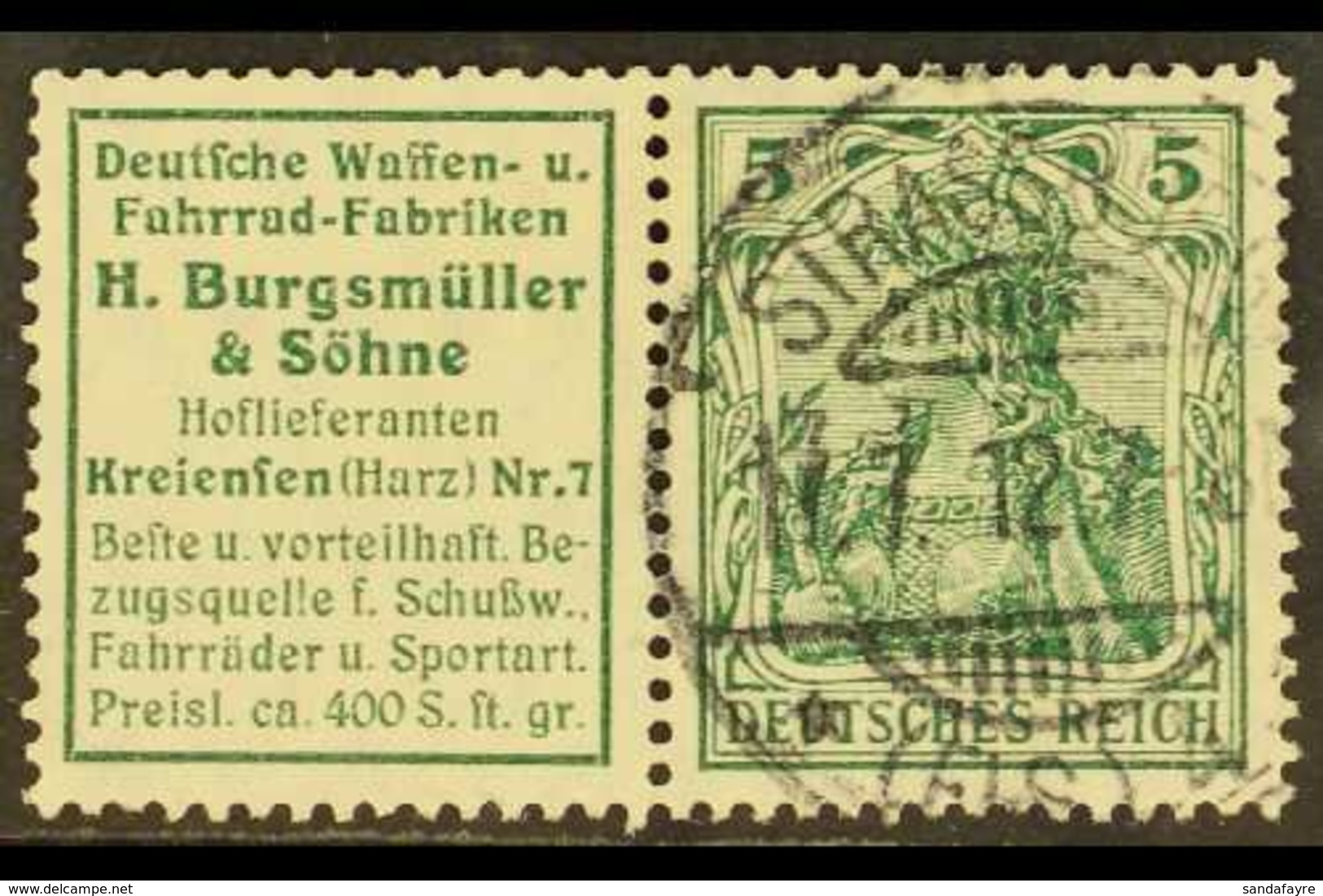 1911-12 'H. Burgsmuller & Sohne' Label+5pf Green Germania Horizontal SE-TENANT PAIR, Michel W2.14, Very Fine Cds Used, F - Sonstige & Ohne Zuordnung