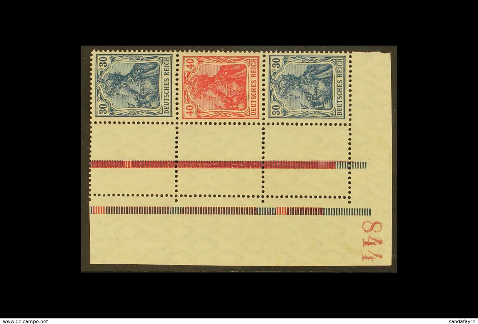 1921 30pf+40pf+30pf Germania Lower Left Corner Vertical SE-TENANT STRIP Of 3 (Michel S 20) With Selvedge & Labels With R - Other & Unclassified