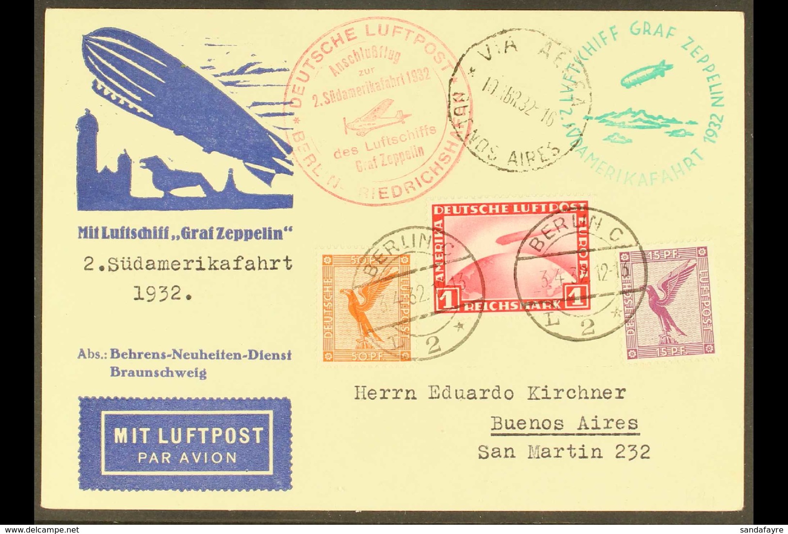 GRAF ZEPPELIN 1932 SECOND SOUTH AMERICA FLIGHT 1932 (3 Apr) Special Postcard Addressed To Buenos Aires, Bearing 15pf & 5 - Sonstige & Ohne Zuordnung