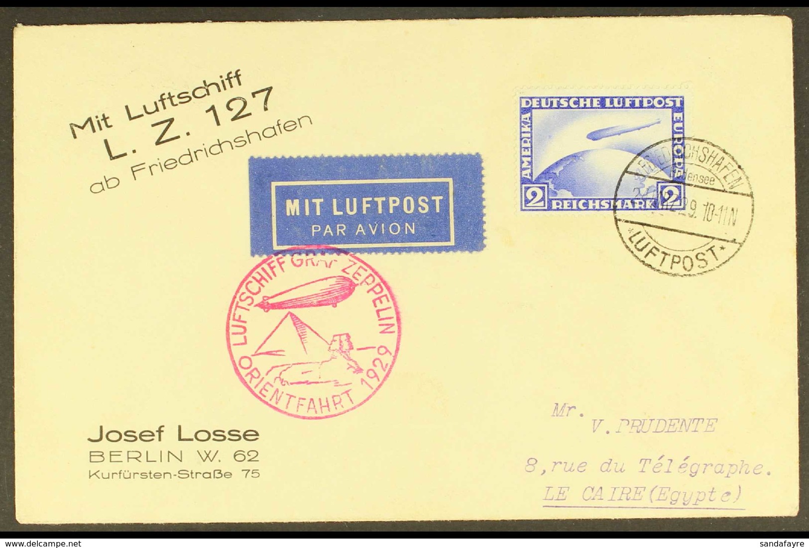 GRAF ZEPPELIN 1929 ORIENT FLIGHT 1929 (29 March) Printed Cover Addressed To Egypt, Bearing 2m Zeppelin Stamp Tied By "Fr - Sonstige & Ohne Zuordnung