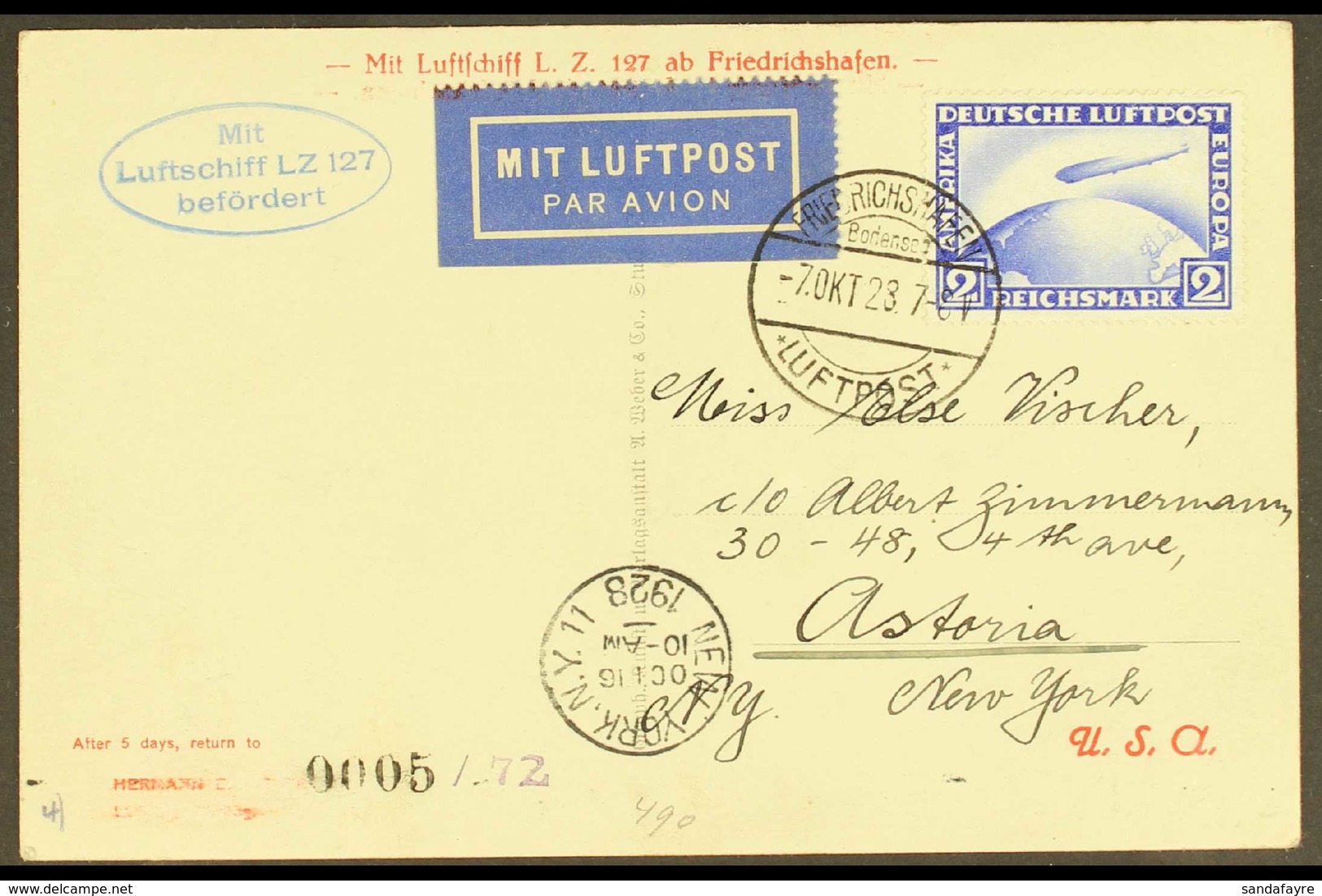 GRAF ZEPPELIN 1928 AMERICA FLIGHT 1928 (7 Oct) Picture Postcard Addressed To New York, Bearing 2m Zeppelin Stamp Tied By - Sonstige & Ohne Zuordnung