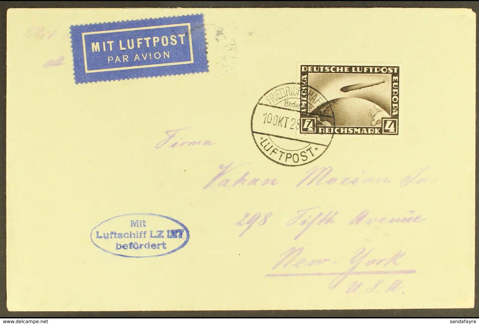 GRAF ZEPPELIN 1928 AMERICA FLIGHT 1928 (10 Oct) Cover Addressed To New York, Bearing 4m Zeppelin Stamp Tied By "Friedric - Sonstige & Ohne Zuordnung