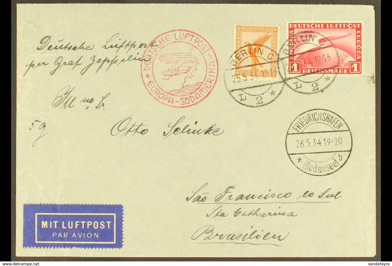 GRAF ZEPPELIN 1934 FIRST SOUTH AMERICA FLIGHT 1934 (25 May) Cover Addressed To Brazil, Bearing 50pf Air & 1933 2m Chicag - Autres & Non Classés