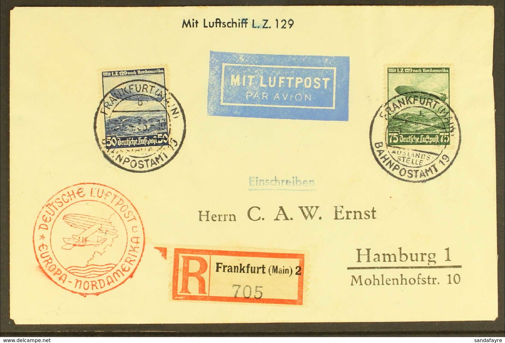 HINDENBURG 1936 FIRST NORTH AMERICA FLIGHT 1936 Registered Cover And Postcard, Both Bearing Red "Deutsche Luftpost Europ - Autres & Non Classés