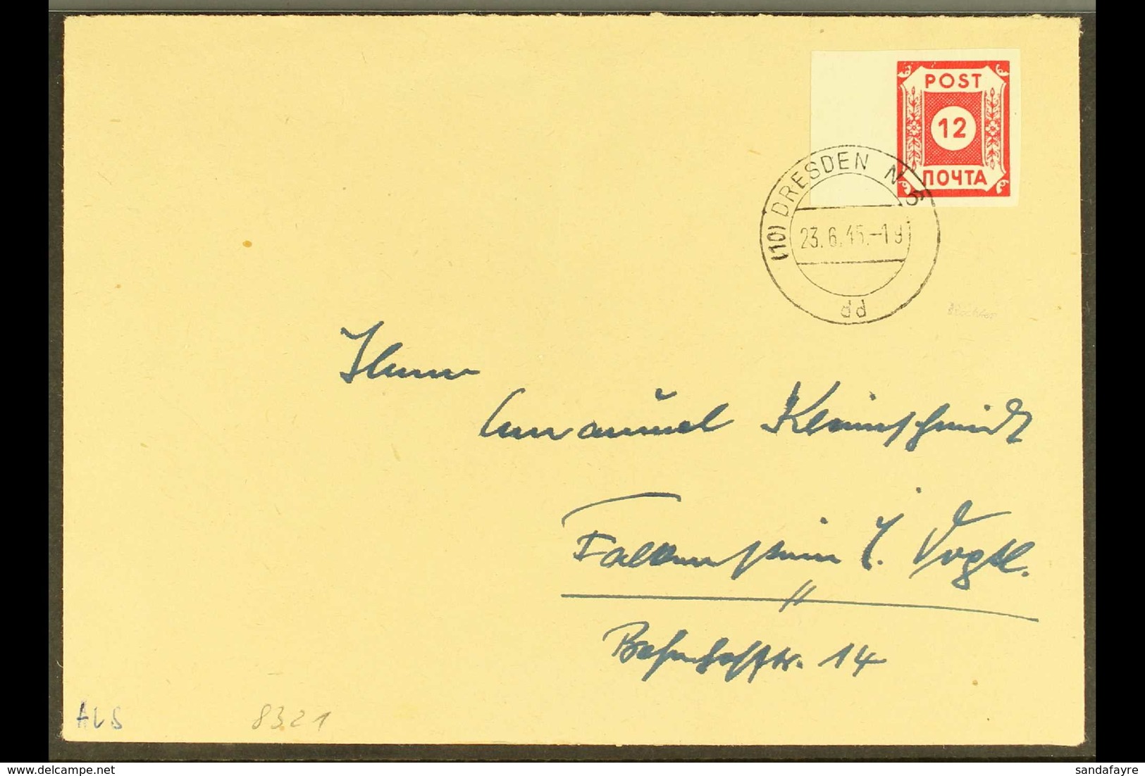 RUSSIAN ZONE EAST SAXONY 1945 (23 June) Cover Bearing 12pf Red (Mi BI, SG RE1) Left Marginal Example, Tied By Dresden Cd - Sonstige & Ohne Zuordnung