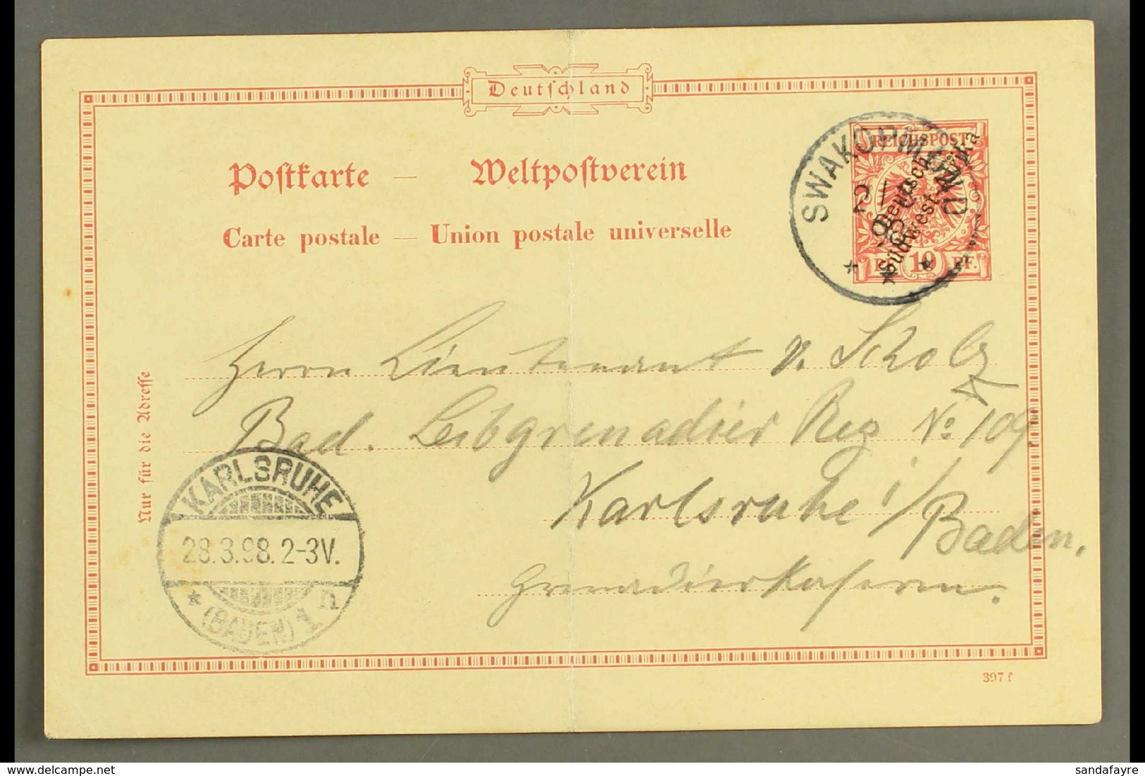 SOUTH WEST AFRICA 1898 (3 Mar) 10pf With Diagonal Opt Postal Stationery Card To Germany Cancelled By Fine "SWAKOPMUND" C - Autres & Non Classés