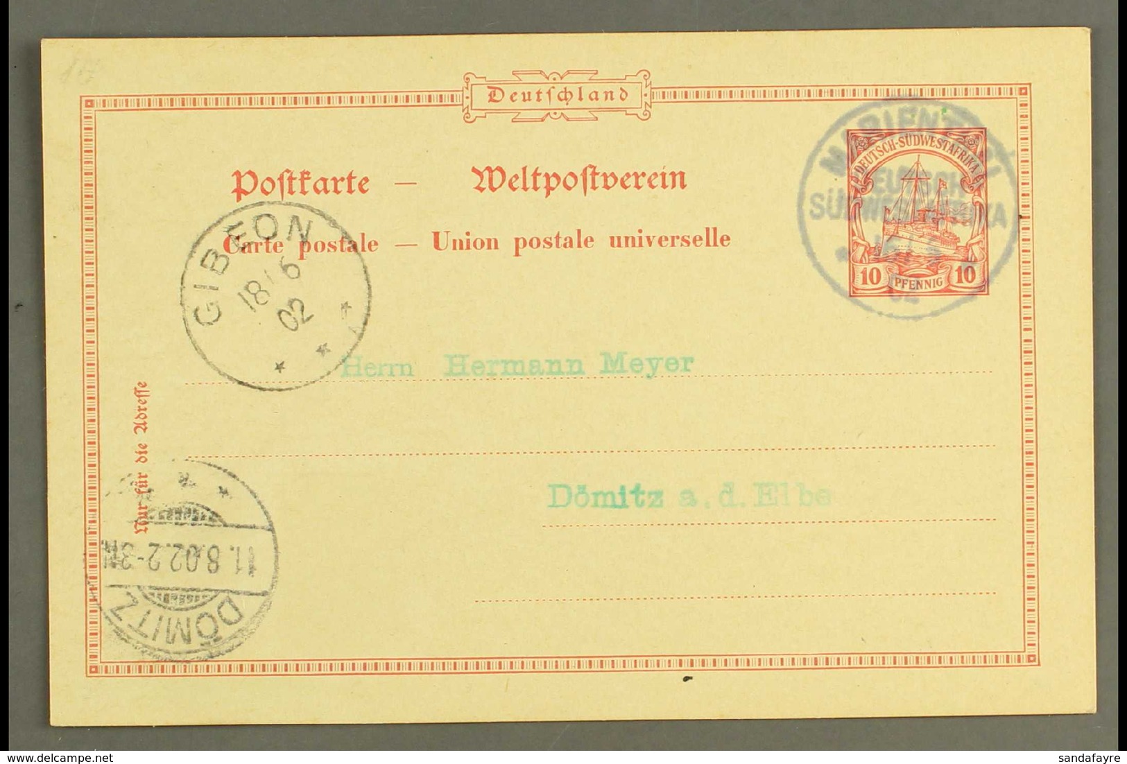 SOUTH WEST AFRICA 1902 (16 Jun) 10pf Yacht Postal Stationery Card To Germany Cancelled By Fine "MARIENTAL" Cds Postmark, - Otros & Sin Clasificación