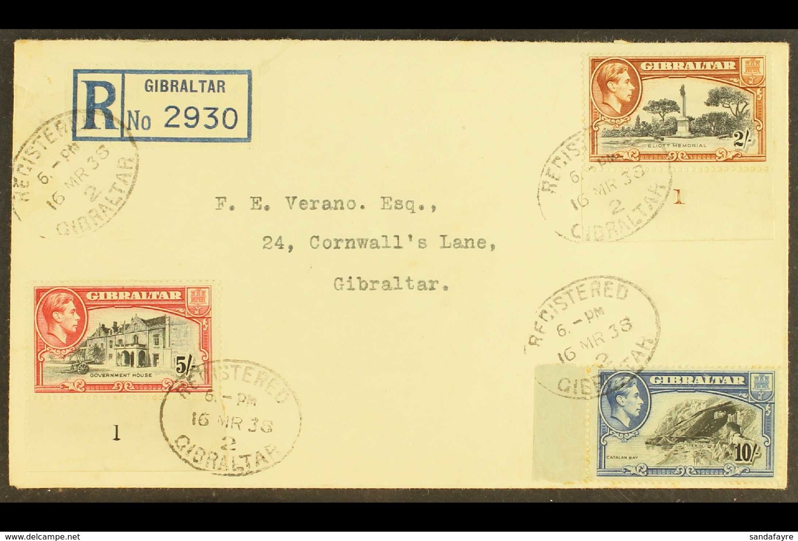 1938 2s, 5s & 10s High Values On FIRST DAY COVER, SG 128, 129, 130, Affixed At Corners Of Plain Envelope, Each Tied By O - Gibraltar