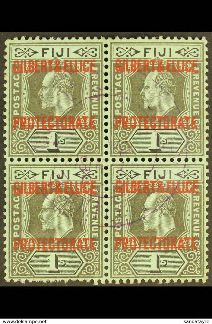1911 1s Black On Green, Overprinted, SG 7, Superb Used Block Of 4 With Central Protectorate Cds Cancel. For More Images, - Îles Gilbert Et Ellice (...-1979)