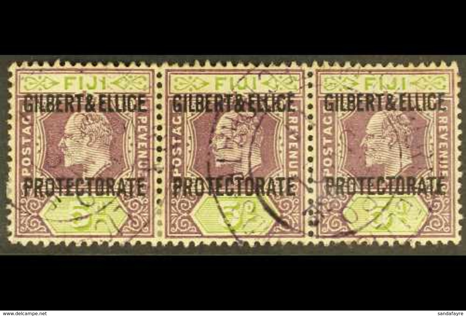 1911 5d Purple And Olive, Overprinted, SG 5, Horizontal Strip Of 3 Used With Neat Protectorate Cds Cancels. For More Ima - Gilbert & Ellice Islands (...-1979)
