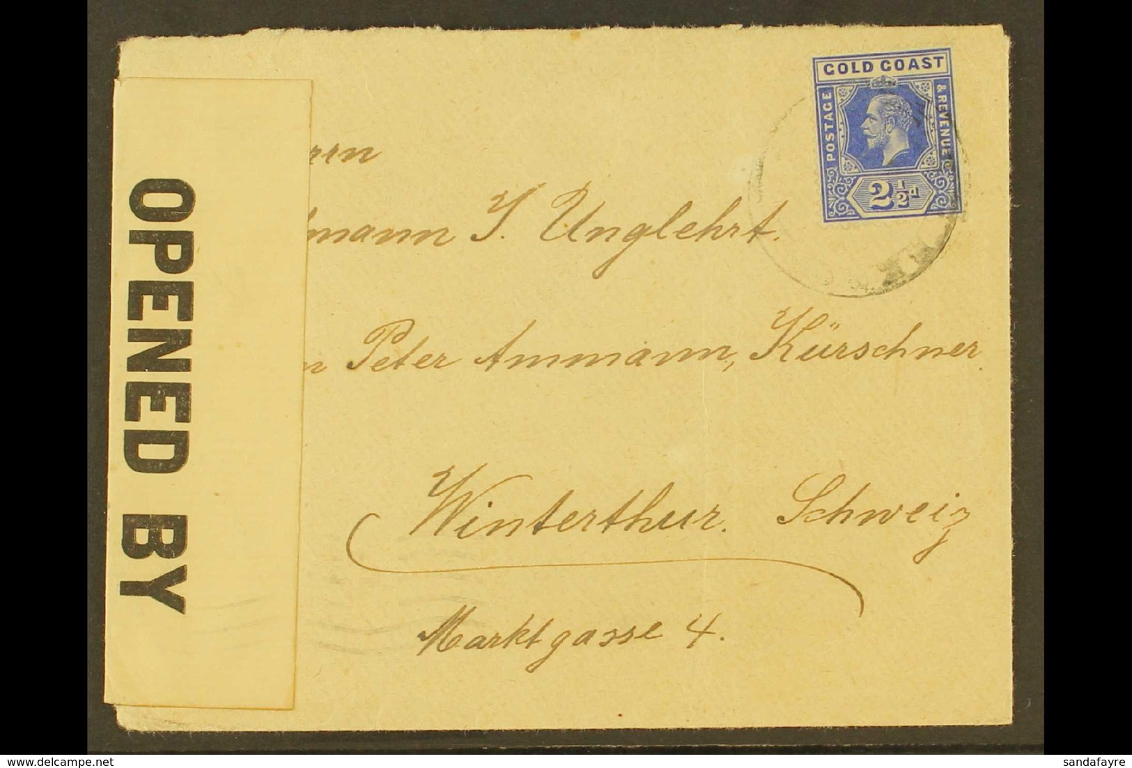 1917 CENSOR COVER. 1917 Censored To Switzerland Bearing KGV 2½d Tied By "BEGORO" Double Ring Cds, And With Accra Censor  - Côte D'Or (...-1957)
