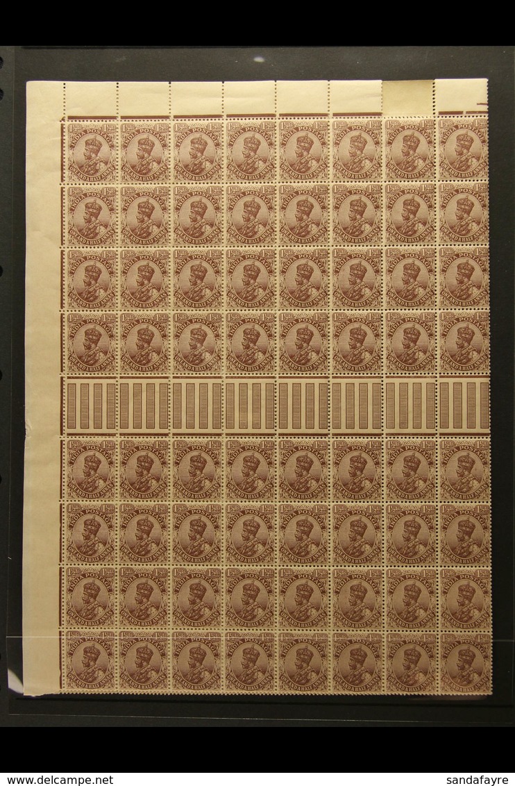 1911-22 HALF SHEET Of The 1921 1½a Chocolate (type B), SG 165, A Complete Top Half Of The Sheet (16 X 8) Showing Margins - Other & Unclassified