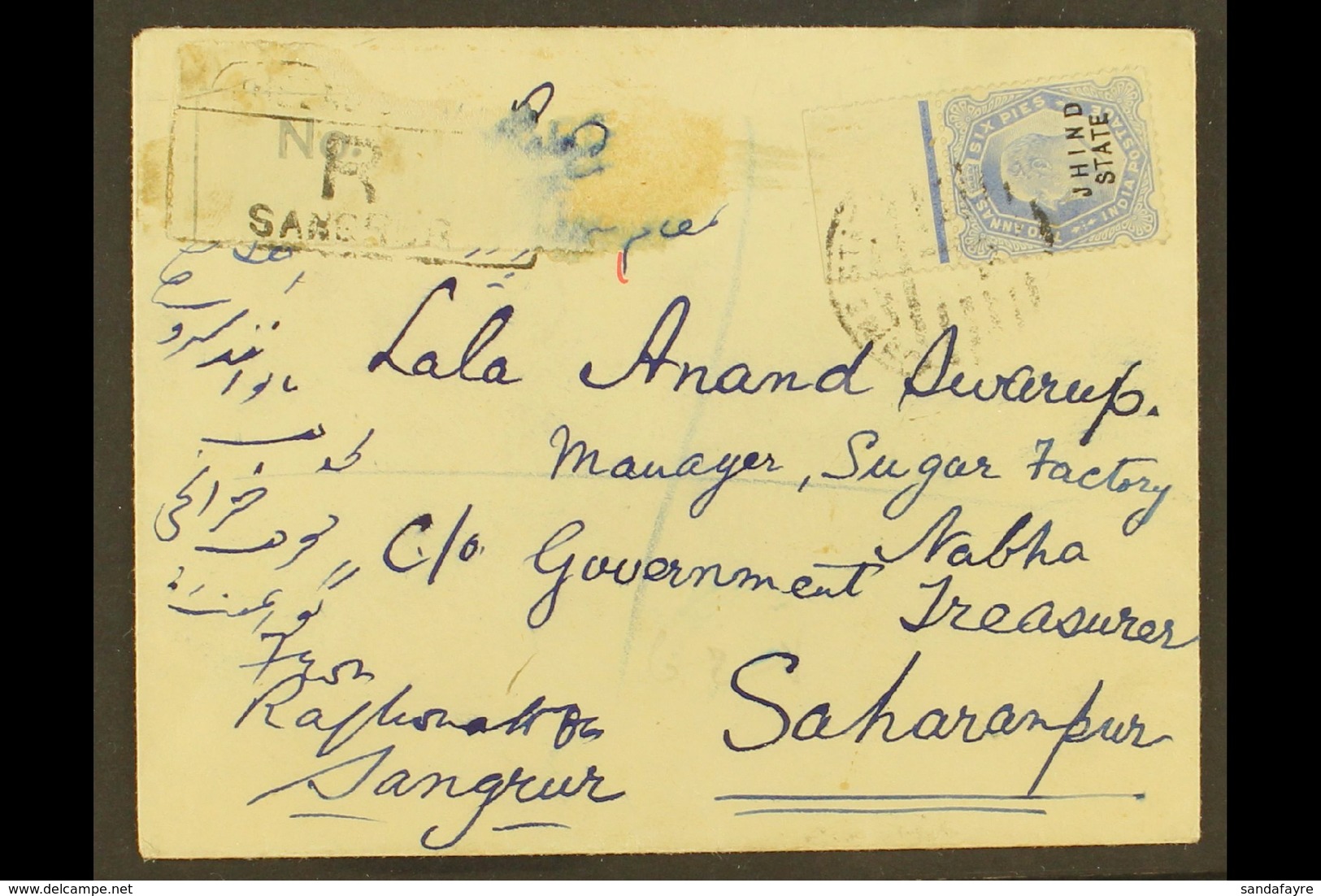JHIND 1910 (14 Nov) Registered Cover From Sangrur To Saharanpur Bearing KEVII 2a6p Ultramarine (SG 47), Fine Marginal Ex - Sonstige & Ohne Zuordnung