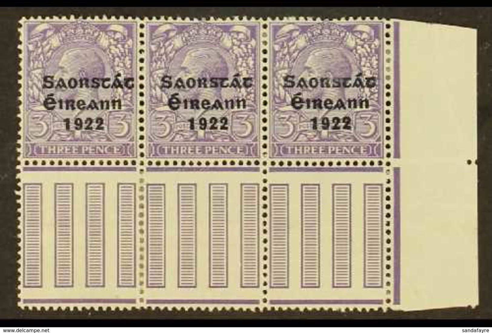 1922-23 VARIETY 3d Bluish Lilac (SG 57) Pane Marginal Corner Strip Of 3, Incorporates "S Over E" Variety, Row 10, Column - Other & Unclassified