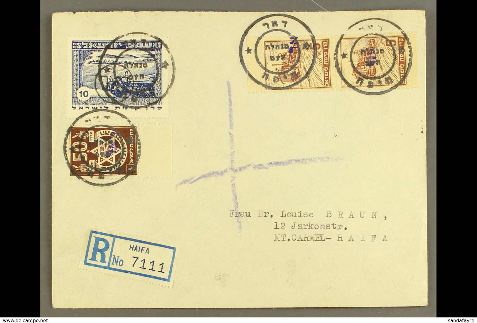 1948 Env (no Back Flap) Registered From Haifa To Lady Doctor At Mt Carmel Bearing Valley 10m Blue, Zionist Org Jubilee 5 - Autres & Non Classés