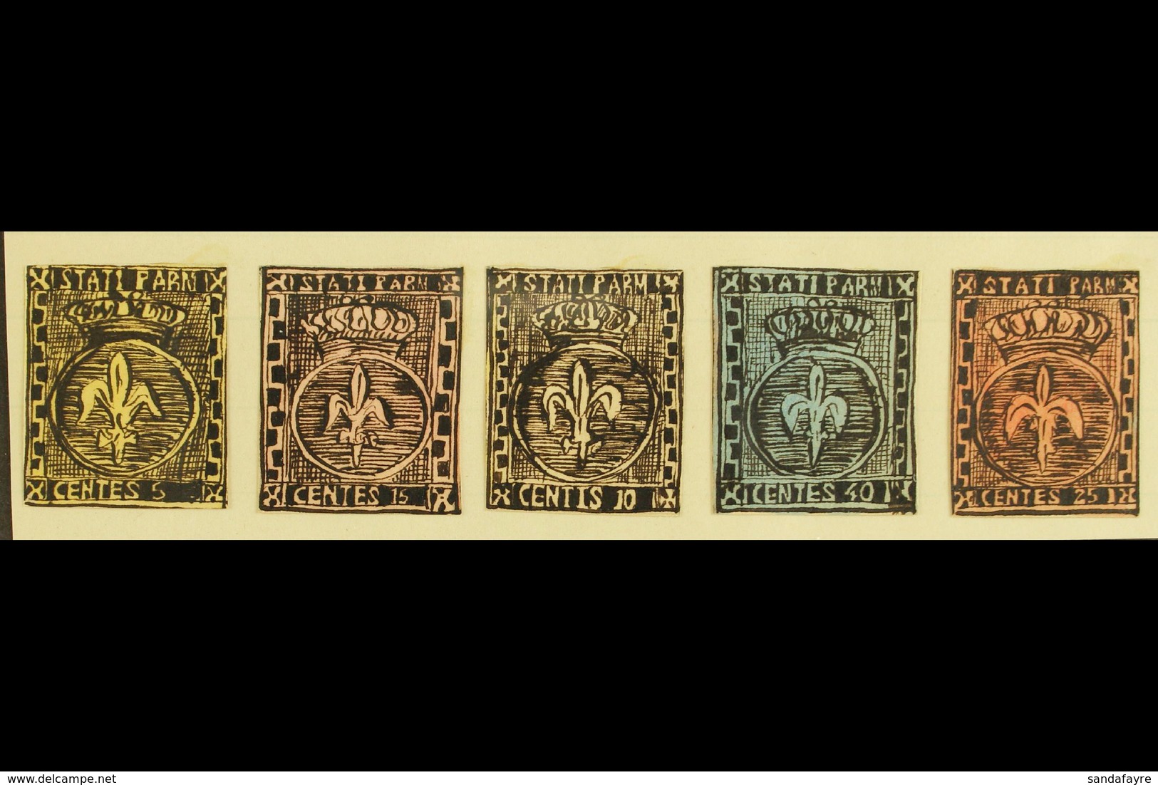 1861 HAND PAINTED STAMPS Unique Miniature Artworks Created By A French "Timbrophile" In 1861. PARMA Five Values, Similar - Unclassified