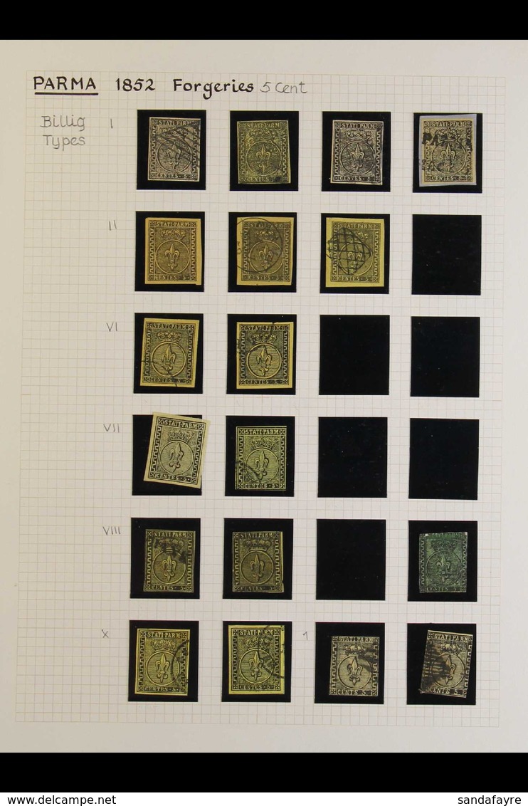 PARMA FORGERIES 1852 Issue, Interesting Collection Written Up On Leaves And Arranged By Billig Types From 5c To 40c, Bot - Ohne Zuordnung