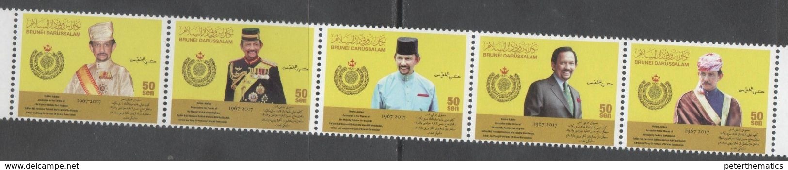 BRUNEI, 2017, MNH,SULTAN OF BRUNEI, GOLDEN JUBILEE OF ACCESSION TO THRONE OF SULTAN BOLKIAH, 5v FOLDED STRIP - Royalties, Royals