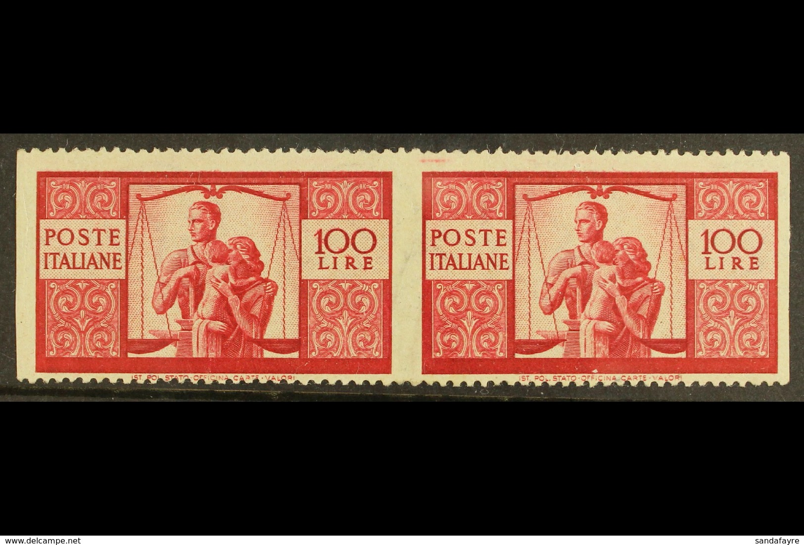 1945 100L Bright Carmine "The Family", Horizontal Pair Variety "imperf Vertically", Sass 565ao,  Very Fine NHM. Signed O - Unclassified