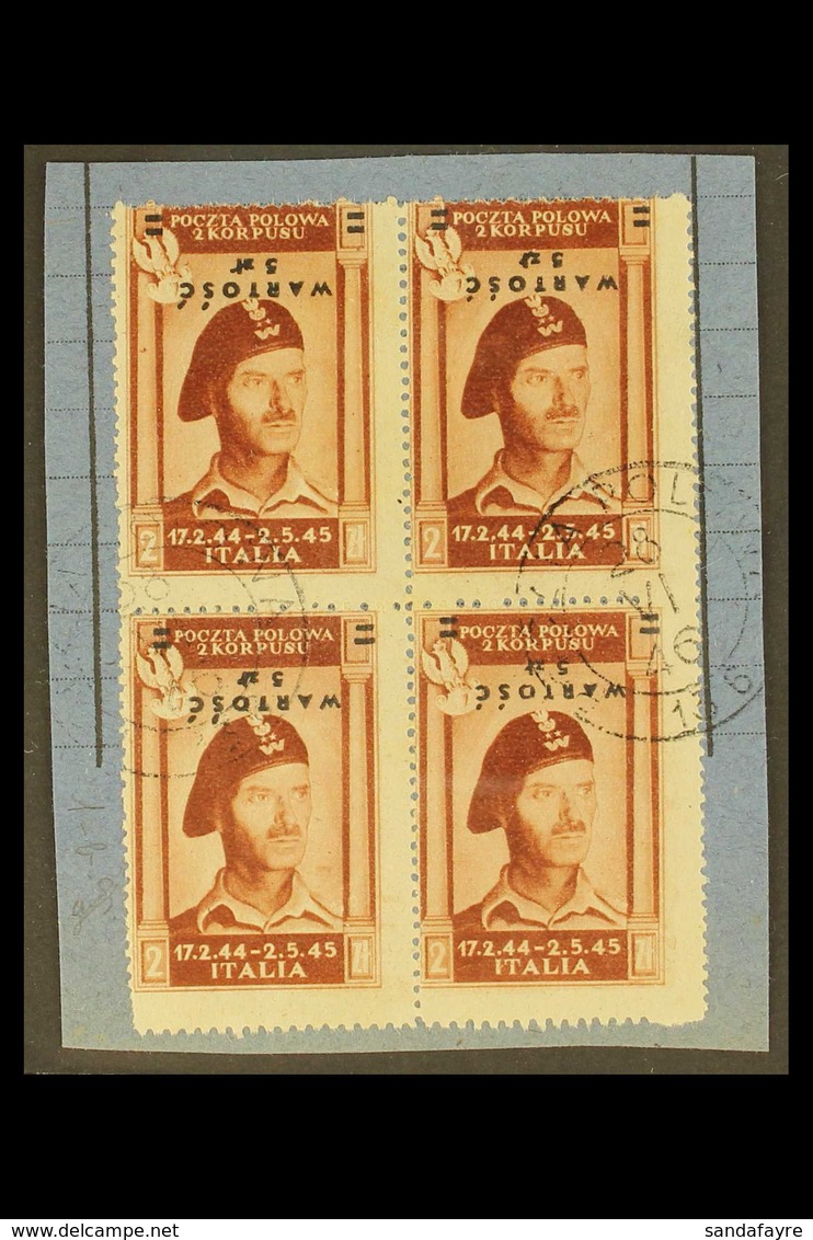 POLISH CORPS 1946 5z On 2z Red Brown Anders Airmail, Variety "Overprint Inverted", Sass 1b, Superb Used Block Of 4 Tied  - Ohne Zuordnung