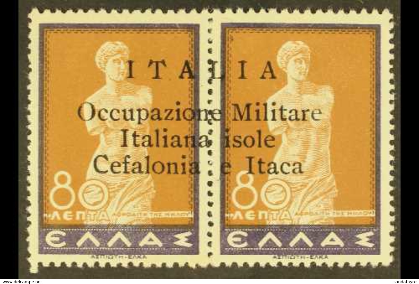 CEFALONIA & ITHACA 1941 80 + 80L Violet And Brown Horizontal Pair, Sass 16, Very Fine Never Hinged Mint. Signed. For Mor - Altri & Non Classificati