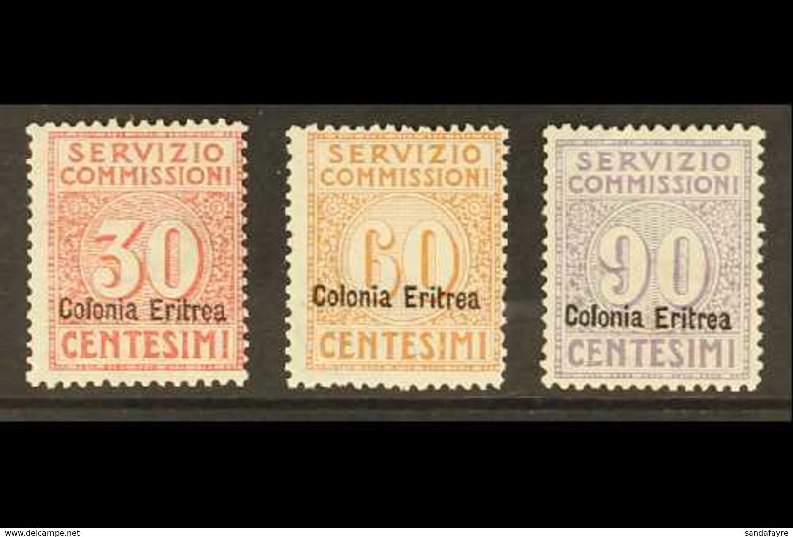 ERITREA OFFICIAL FEE (SERVIZIO COMMISSIONI) 1916 Overprints Complete Set, Sassone 1/3, Fine Mint, Fresh. (3 Stamps) For  - Autres & Non Classés