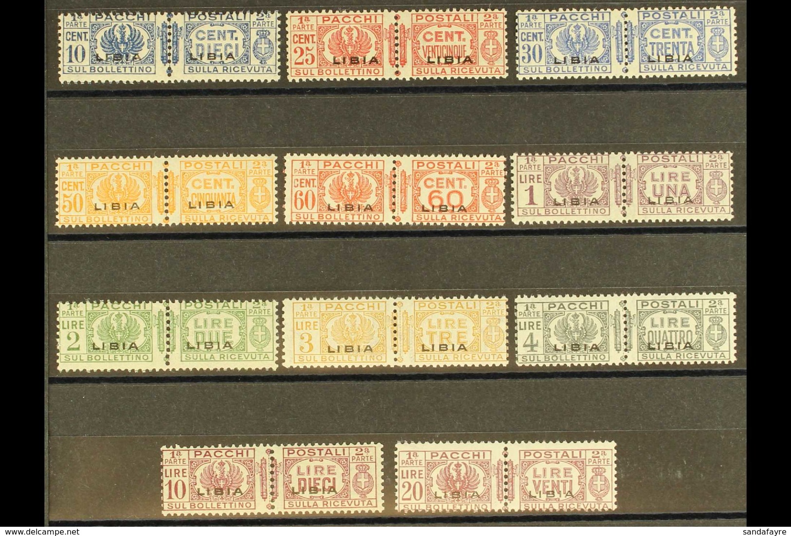 LIBYA PARCEL POST 1927-37 Overprints Complete Set (Sassone 14/24, SG P63/73), Never Hinged Mint Horizontal Pairs, 50c &  - Other & Unclassified