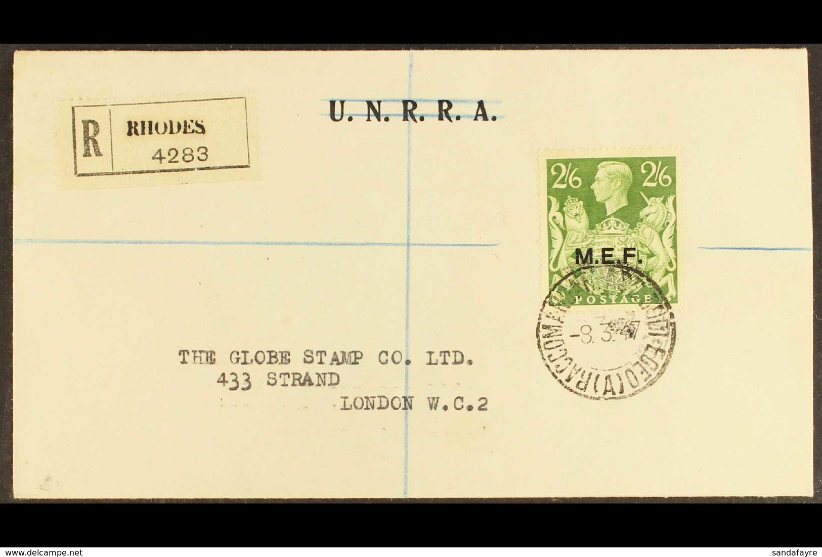 RHODES 1947 2s 6d Green MEF, SG M19, British Occupation Of Former Italian Colonies, Tied By "Raccomandata Ass Rodi Egeo  - Other & Unclassified