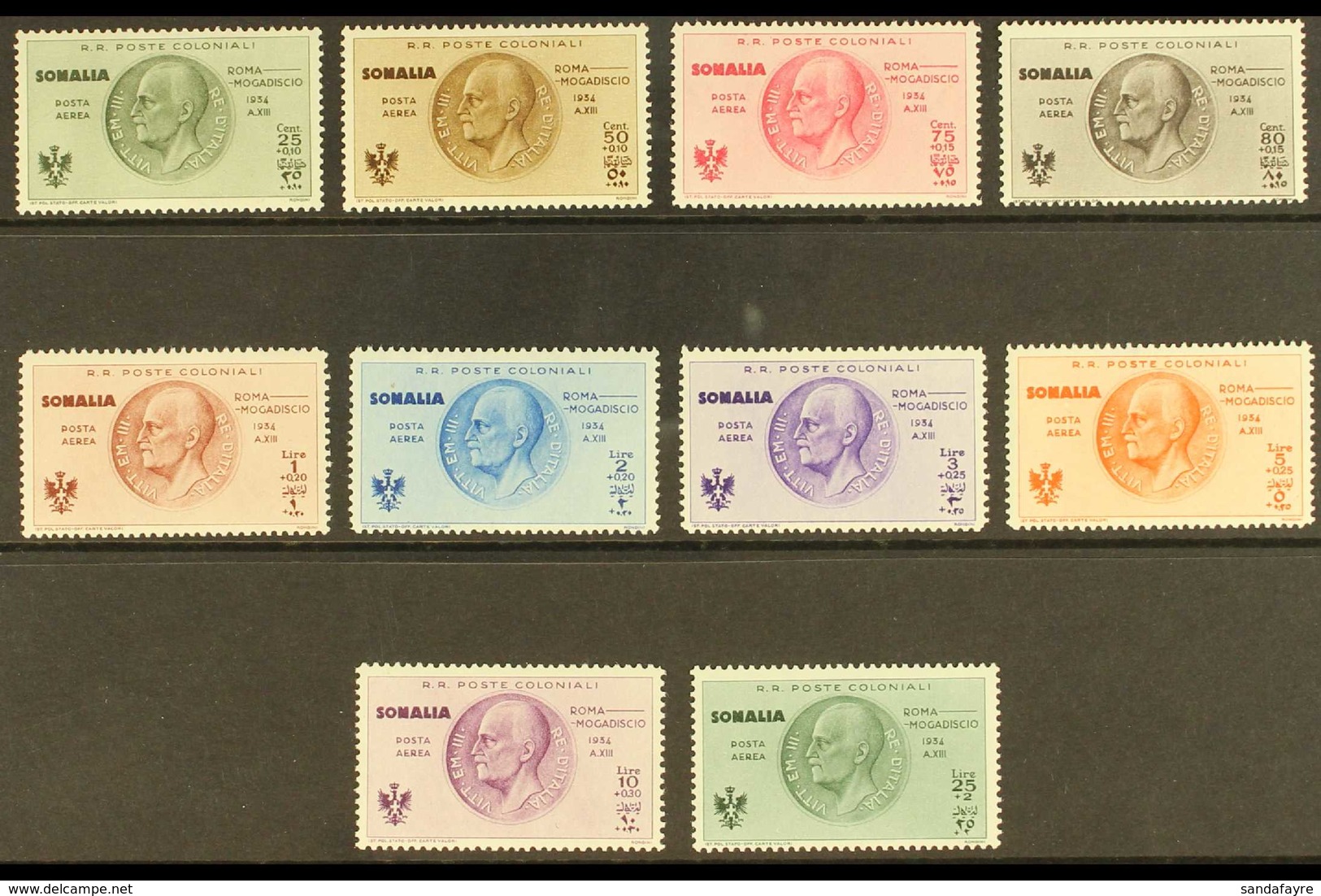 SOMALIA 1934 Air Rome - Mogadishu Flight Complete Set (Sassone 7/16, SG 199/208), never Hinged Mint, Fresh & Attractive. - Sonstige & Ohne Zuordnung