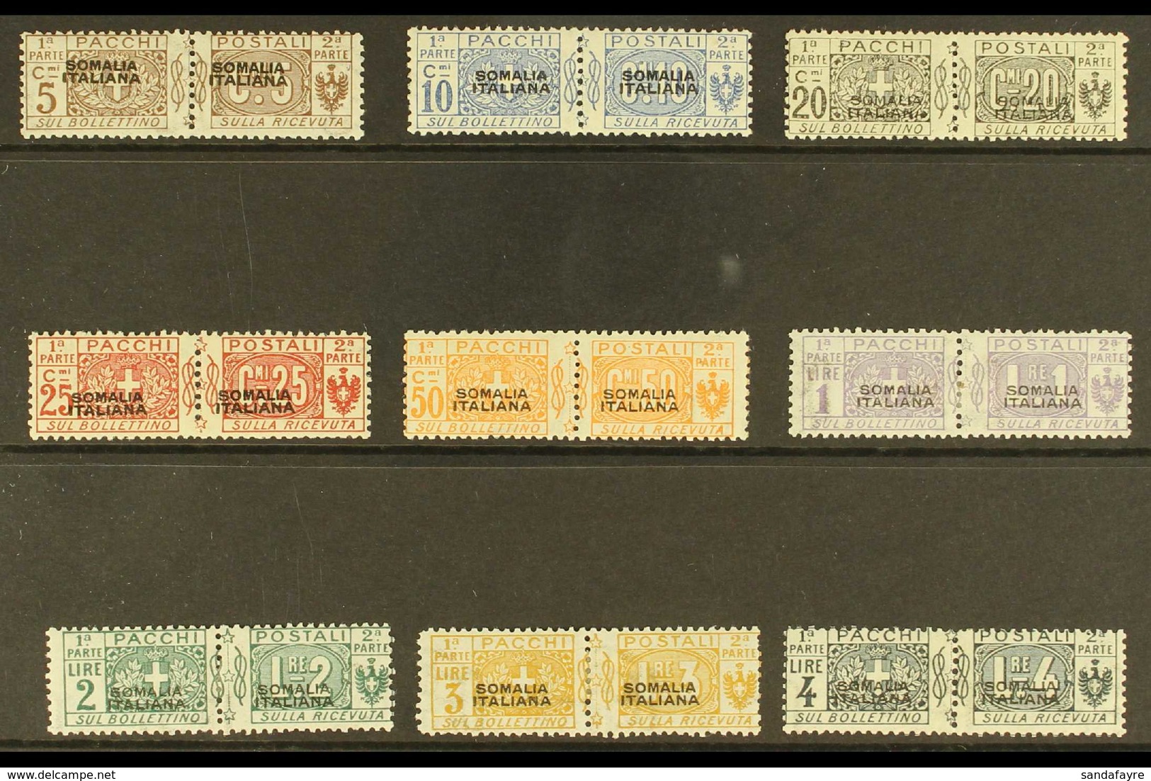 SOMALIA PARCEL POST 1917-19 Overprints Complete Set (Sassone 1/9, SG P23/31), Fine Mint Horizontal Pairs, The Key 20c &  - Other & Unclassified