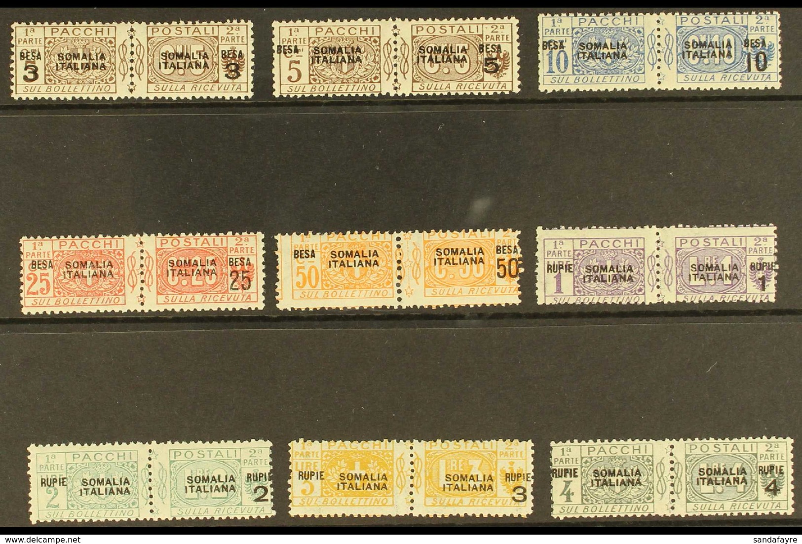 SOMALIA PARCEL POST 1923 Surcharges Complete Set (Sassone 21/29, SG P44/52), Fine Mint Horizontal Pairs, Most Values Inc - Altri & Non Classificati
