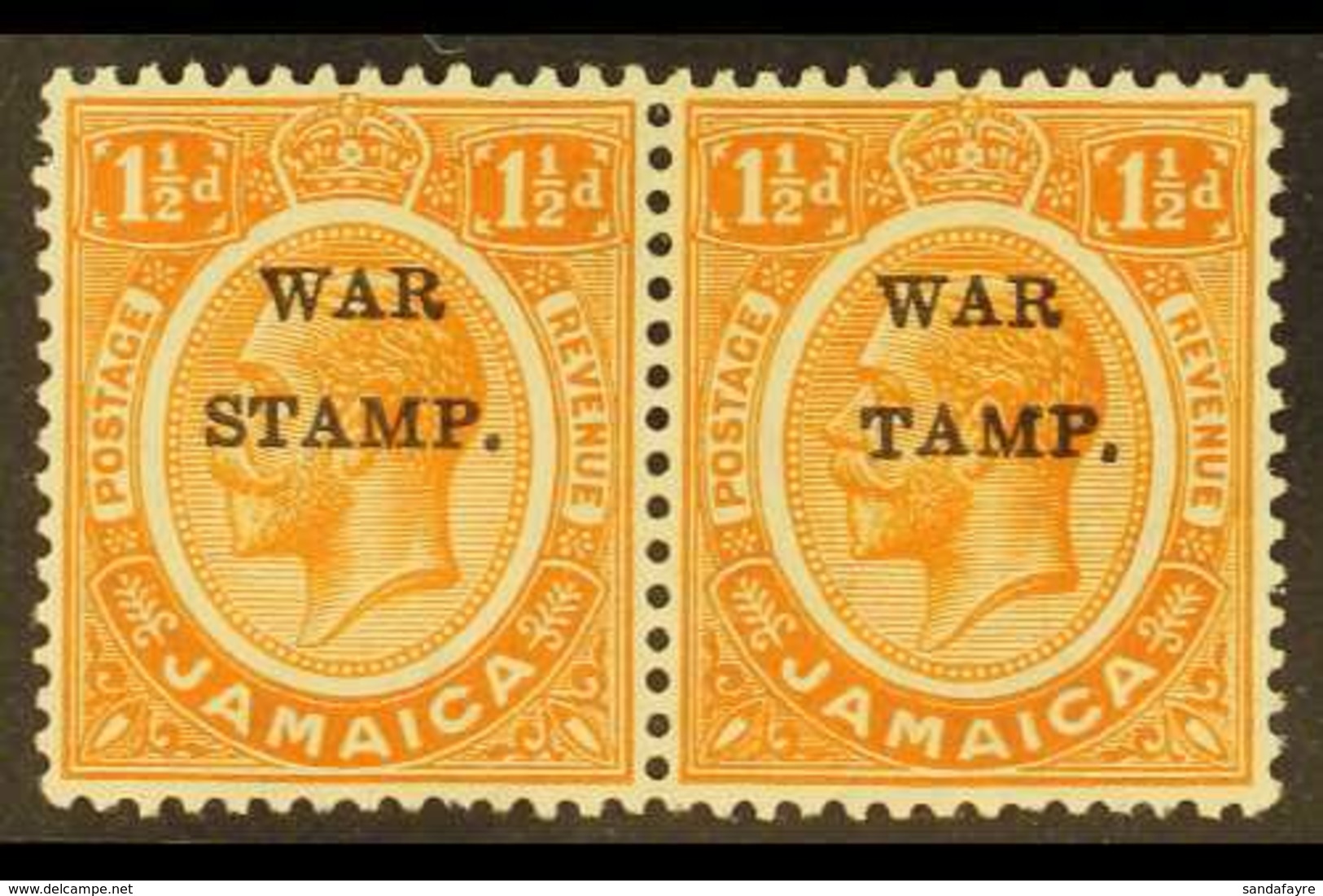 1916 1½d Orange Ovptd "War Stamp", Horizontal Pair, R/h Stamp Showing The Variety "S In Stamp Omitted", SG 71/71b, Super - Jamaïque (...-1961)