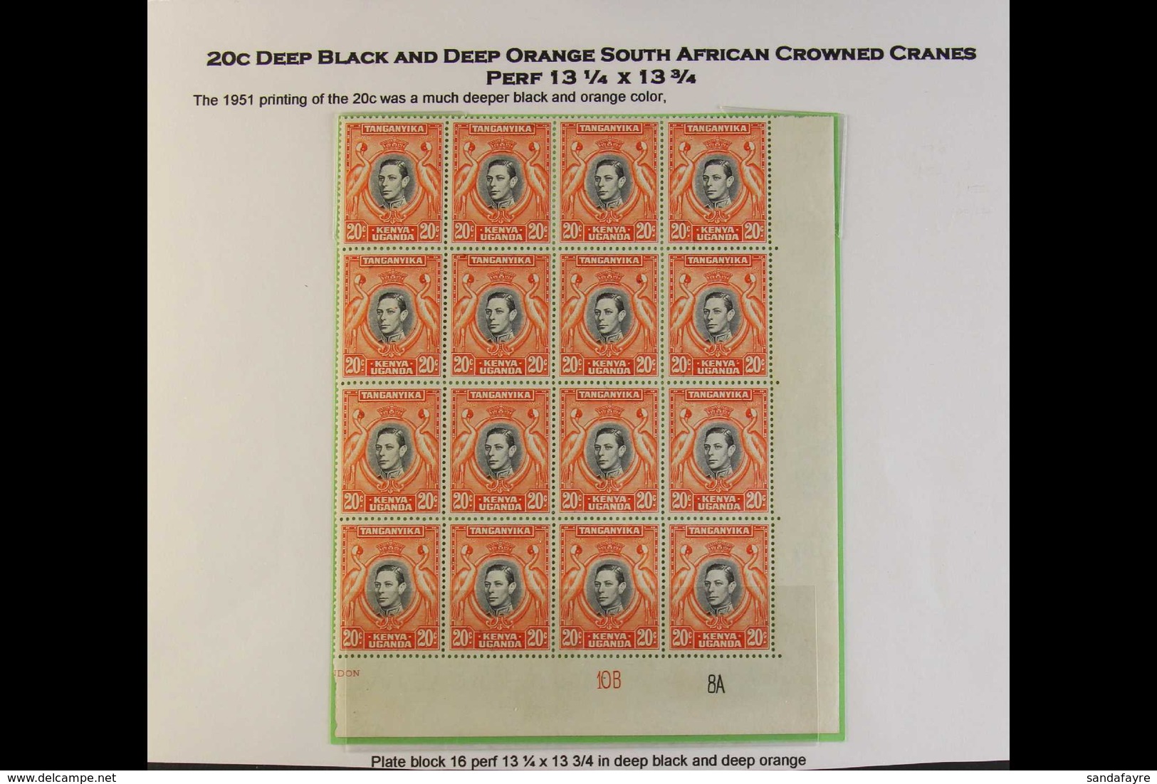 1951 20c Deep Black And Deep Orange, Perf 13¼ X 13¾, SG 139ba, A Mint Corner PLATE BLOCK OF SIXTEEN, With Controls "10B  - Vide