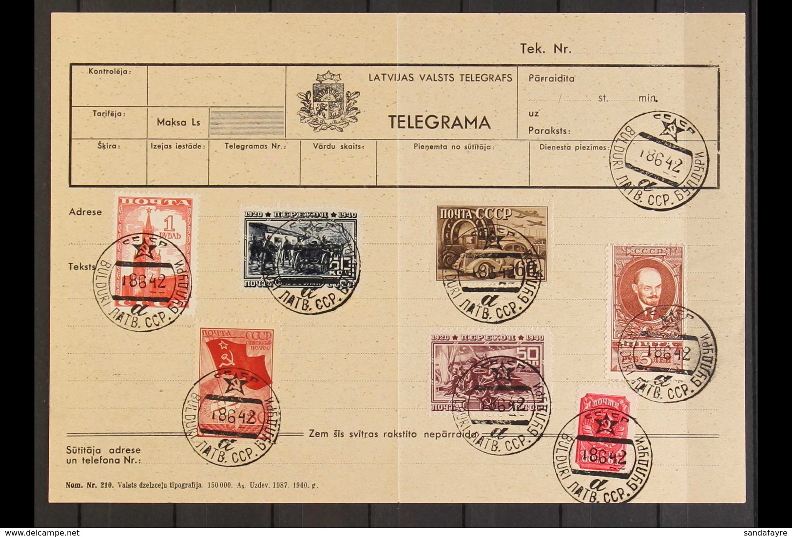 1942 (18 Jun) Latvian Telegraph Form Bearing An Array Of Soviet Stamps Cancelled By Bulduri Latvian Soviet Socialist Rep - Lettland